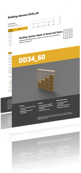 Freigestellte Miniatur des LORENZ Datenblattes eines DD34 Montagesystems aus Holzrahmenwerk mit Strohdämmung