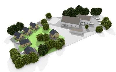 3-D-Rendering einer Feriensiedlung mit Häusern aus LORENZ Holz-Stroh-Modulen