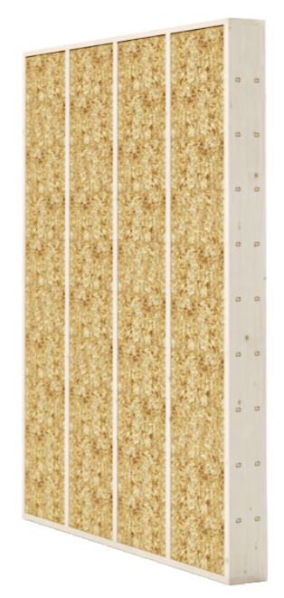 3D-Rendering des LORENZ DD34-Holz-Stroh-Montagesystems, welches als tragende Außenwand genutzt werden kann und Dämmung, Wand, Putzträger und CO2-Senke in einem ist