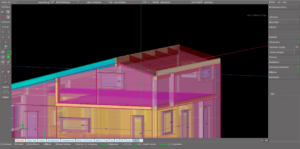 3D-Rendering eines Neubau-Projektes mit integrierten LORENz-DD-Wänden aus Holz und Stroh, um Building Information Modelling (BIM) bei LORENZ anzuzeigen